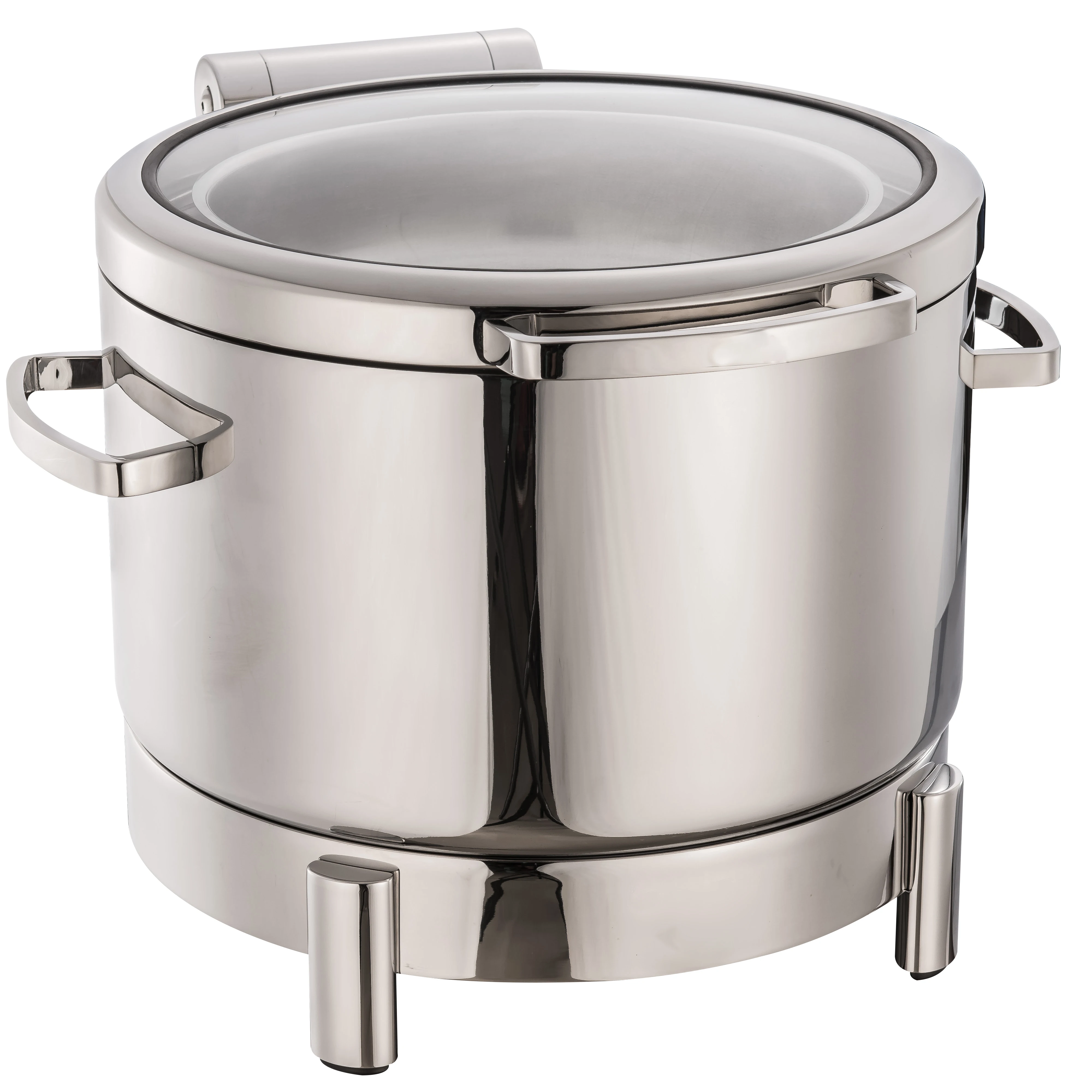 
S/S 18/10 New Hydraulic Hinged Chafing Dish Sampson Collection 11L (Round Soup Pot) with Glass Lid and Short-leg Frame 