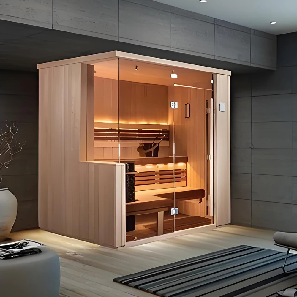 Indoor 4 people traditional solid wood red cedar steam sauna room using electric furnace wholesale price