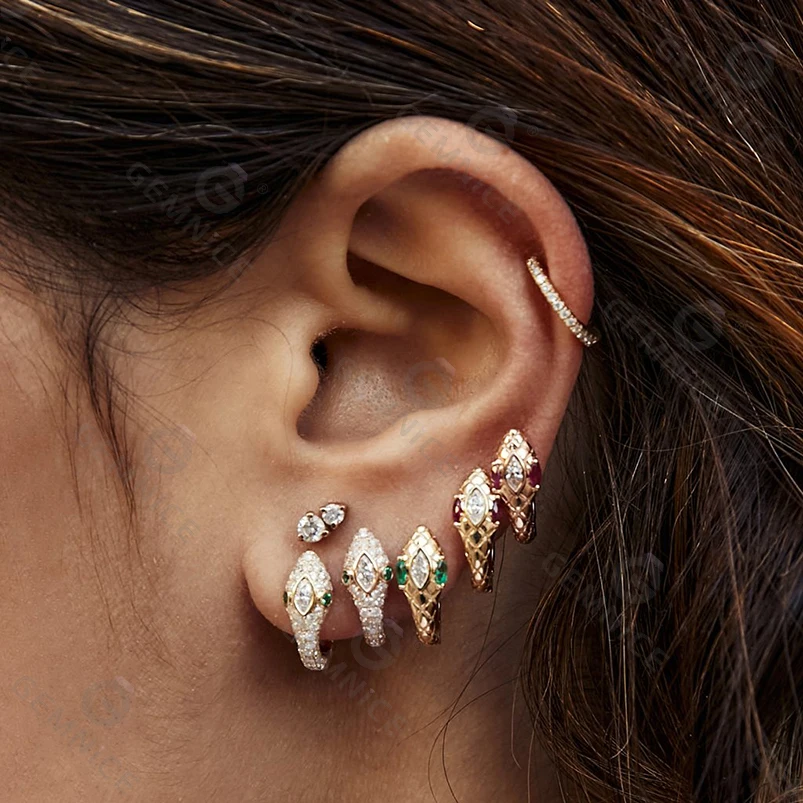 Gemnel hot selling 925 silver 14k gold emerald eyes pave diamond snake huggie animal hoop earrings