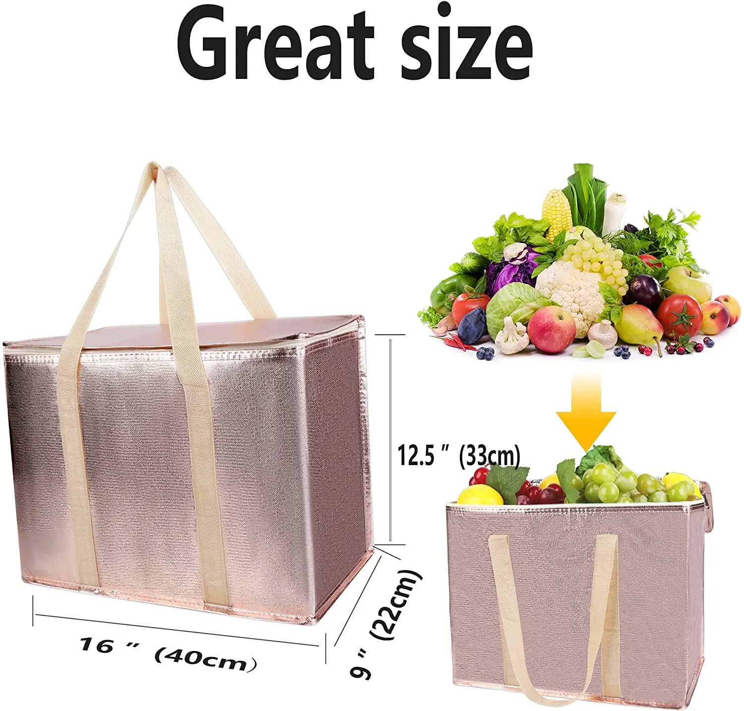 Insulated Reusable Grocery Bag with Zippered Top, XL Large, Frozen Foods Cold, Cooler Shopping