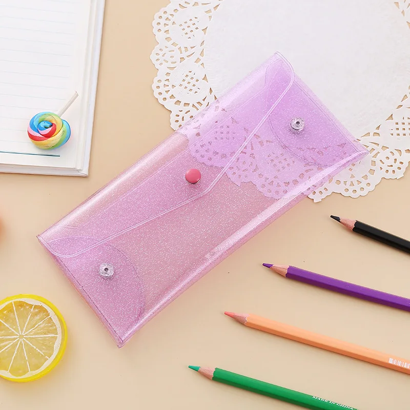 Creative laser colors transparent pvc pen bag portable foldable pencil case with snap button for stationery storage