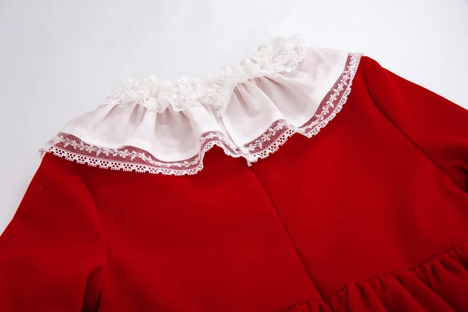 OEM Pettigirl Girls Party Dresses with Headband Wine Red Lace Dress Long Sleeve Spanish Dress for Kids