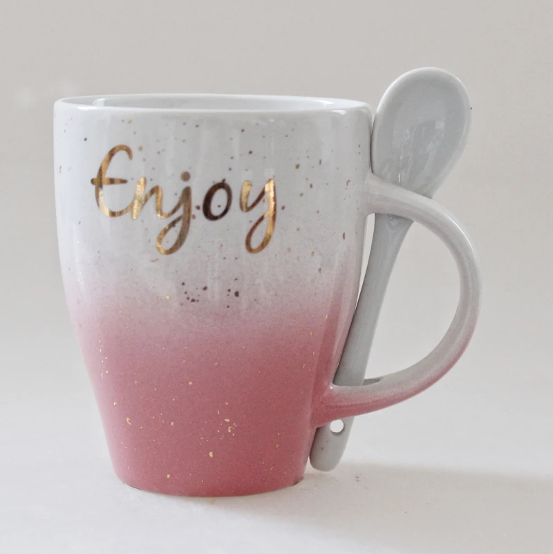 11OZ round silk printing ceramic coffee mug with spoon and sticker stoneware mug with big handle for coffee big tea mugs set