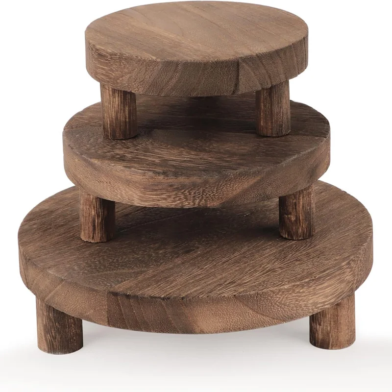 Farmhouse Rustic Decorative Display Tray Wood Riser Pedestal Stand for Home Decor and Organizer Wooden Round Display Stand Riser