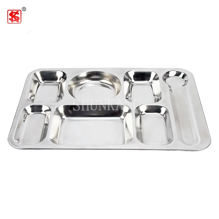 School Canteen Stainless Steel Seven Compartments square lunch tray fast food plate