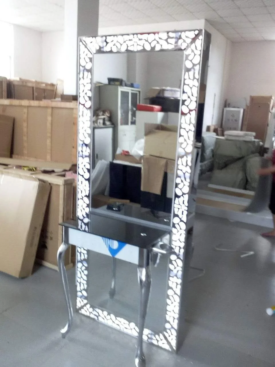 
stainless steel styling station with led light barber mirror station 