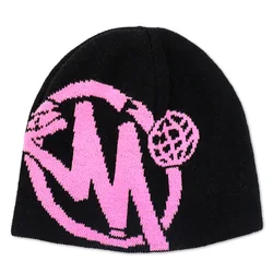 Qianzun manufacturers pink letter logo cuffless acrylic custom jacquard knit reversible beanie hat