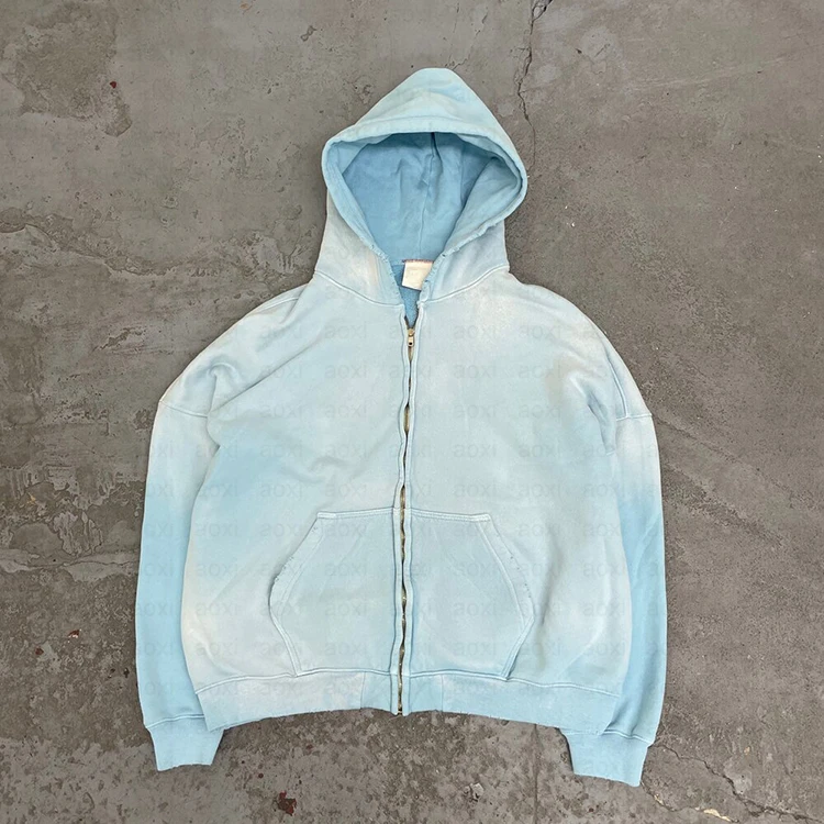 OEM Streetwear Manufacturers Sky Blue Hoodie Cotton Oversized French Terry DTG Distressed Vintage Zip Up Acid Wash Hoodie