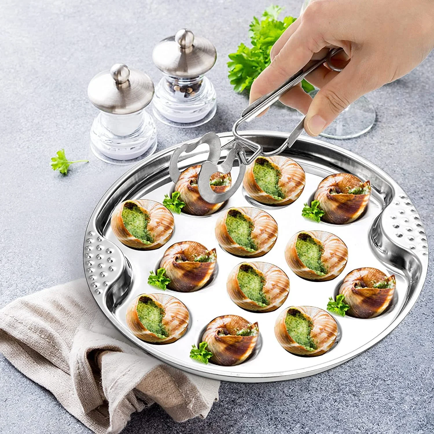 New Product Ideas 2024 French Cuisine Stainless Steel Escargot Plates Seafood Snail Dish Escargot Tong Escargot Dish Server