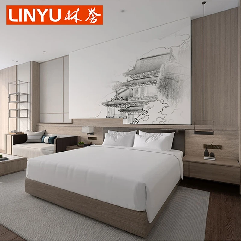 New Chinese style 2022 foshan modern star hotel suite standard room furniture customized bed king twin bed headboard box set