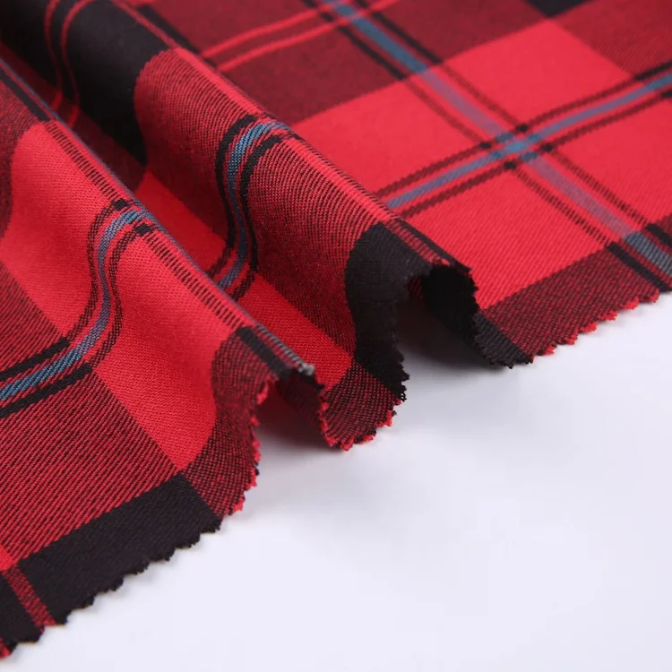 TR 285gsm woven yarn dyed red tartan fabric polyester rayon spandex red big check design plaid fabric for shirt