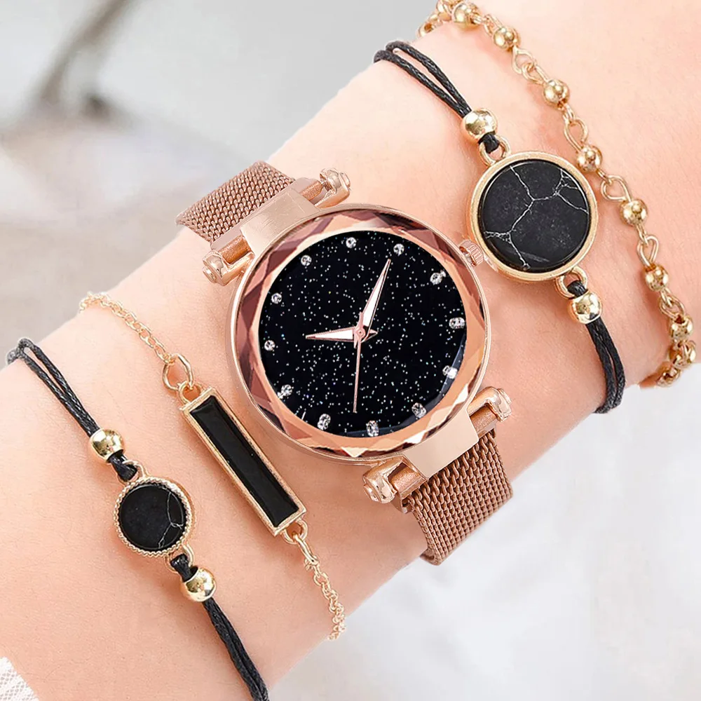 New Watch Women Fashion Casual Mesh Belt Watches Simple Ladies Starry Sky Round Dial Quartz Wristwatches Dress Clock
