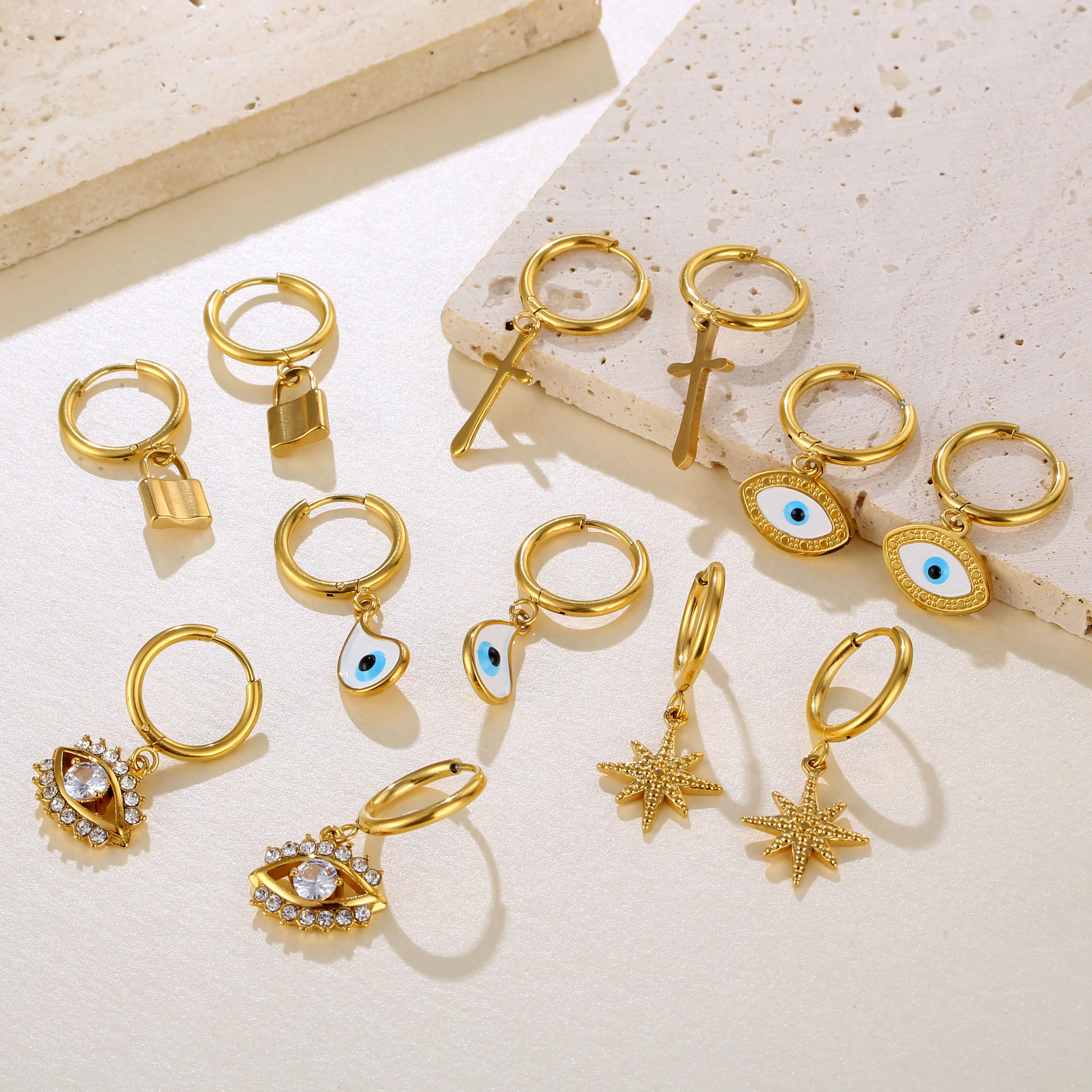 Stainless Steel Fine Jewelry Latest Design Luxury North Star Gold Hoop Earrings, Indian Cz Evil Eye Drop Earrings For Wedding