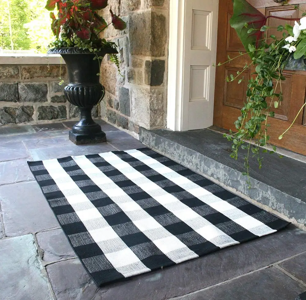 Wholesale Hand Woven Cotton Black and White Check Buffalo Plaid Rug