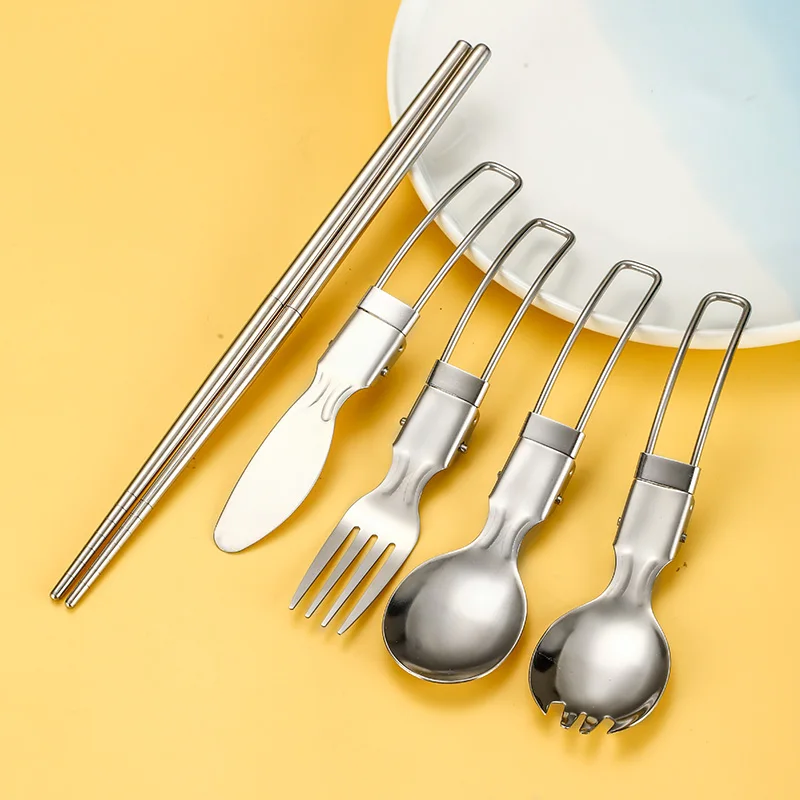 GEMEI 4-in-1 Camping Utensils Hiking Cutlery Set Combo Pack Portable Stainless Steel Flatware Spoon Fork for Picnic Travel