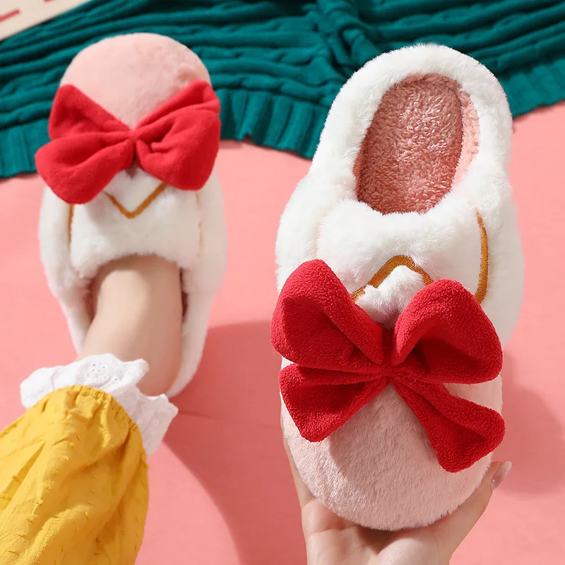 Warm Winter  women Home Slippers Indoor Funny Plush ladies Slides Casual Cute  Soft cartoon girl Floor bowknot cotton slippers