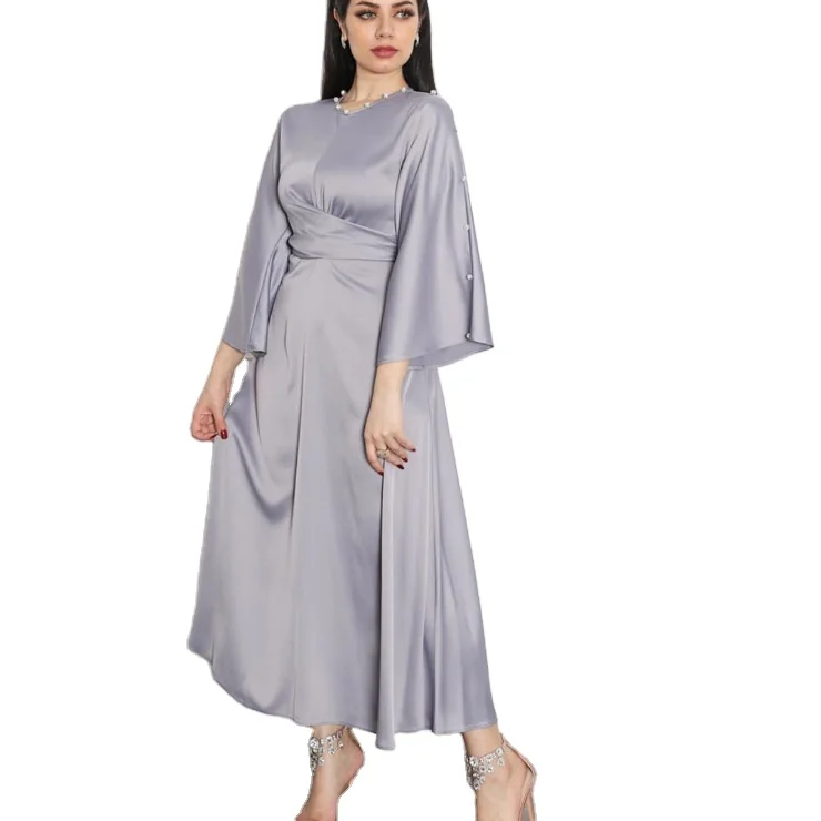 2021 Wholesale New Arrival Modest Women Clothing Islamic Solid Color Satin Dress Moroccan Kaftan Abaya Women Muslim Dress