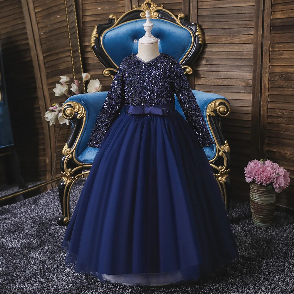 Dress Bow-tie Princess Skirt Long Lace Performance Dress Girls Dress Performance  Wear
