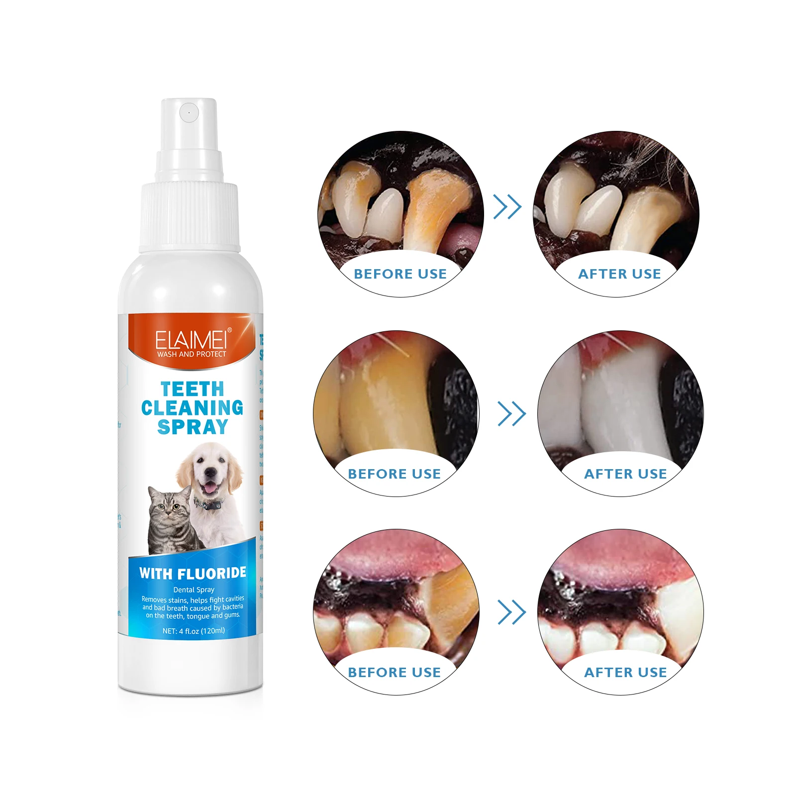 Custom Wholesale 120ml Pet Dental Gum Care Removes Stain Oral Fresh Teeth Cleaning Spray for Dogs and Cats with Fluoride