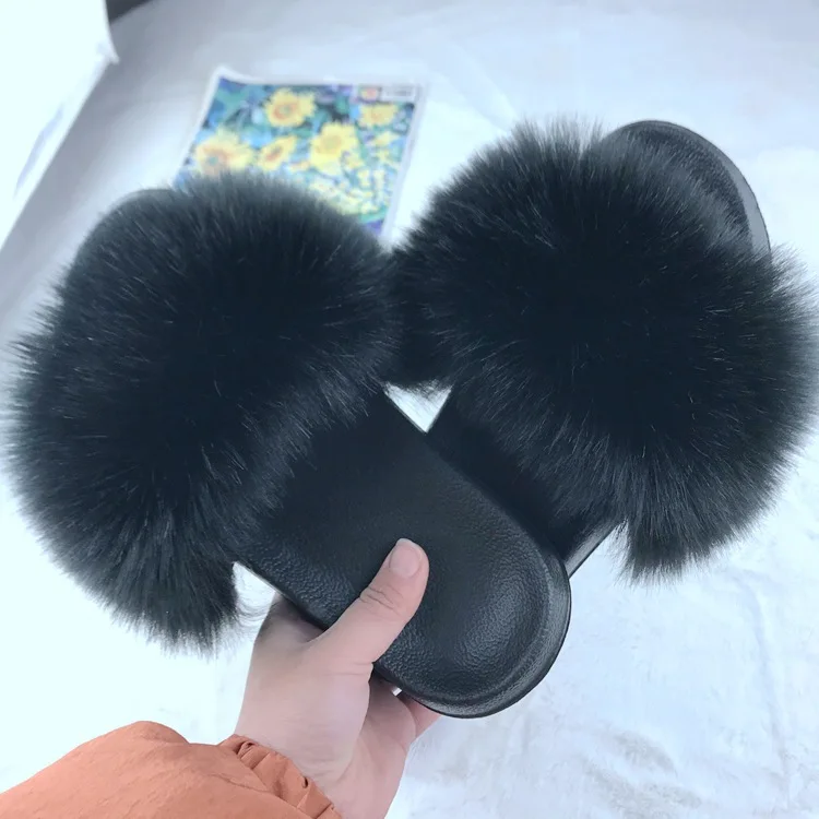 New wholesale plush female slippers raccoon fur fox fur women slippers sandals for women