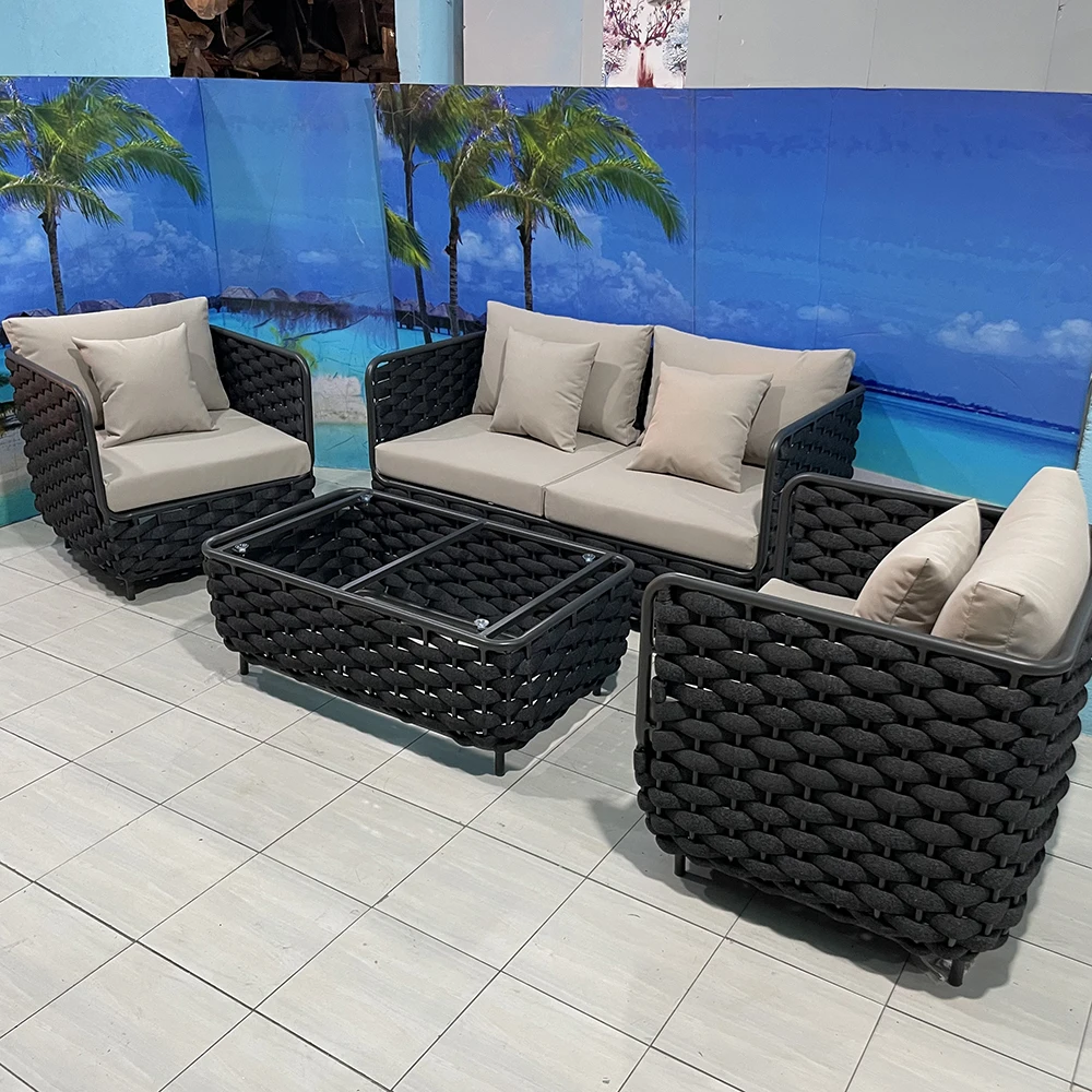 Hot Modern Customizable Waterproof Garden Furniture 4-Piece Set Aluminum Frame Rope Sofa Set With Upholstered
