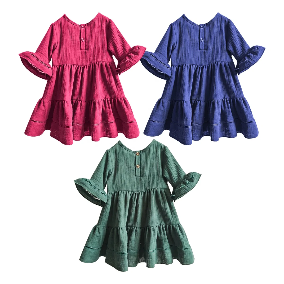 Custom summer baby girl Big cuff cute ruffle dresses match color lace block dress