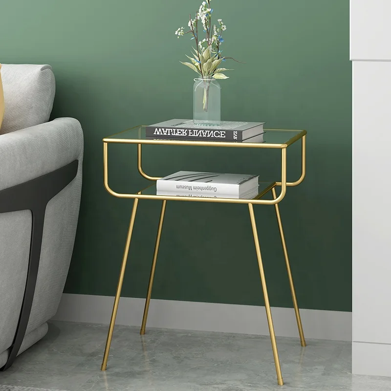 Living Room Modern Metal Frame Glass Coffee Snack Laptop Table End Sofa Side Table Golden Bedside Table