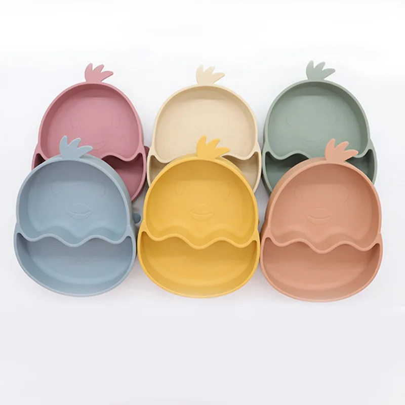 Food Grade Lovely Chick 2 Cavity Divided Food Feeding Child Training Bowl Silicone Baby Suction Plate