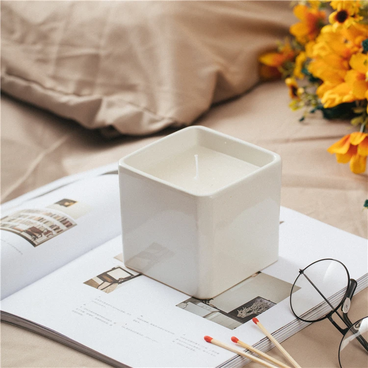Wholesale cheap bulk custom glossy white candle vessel container empty ceramic square candle jar for candle making