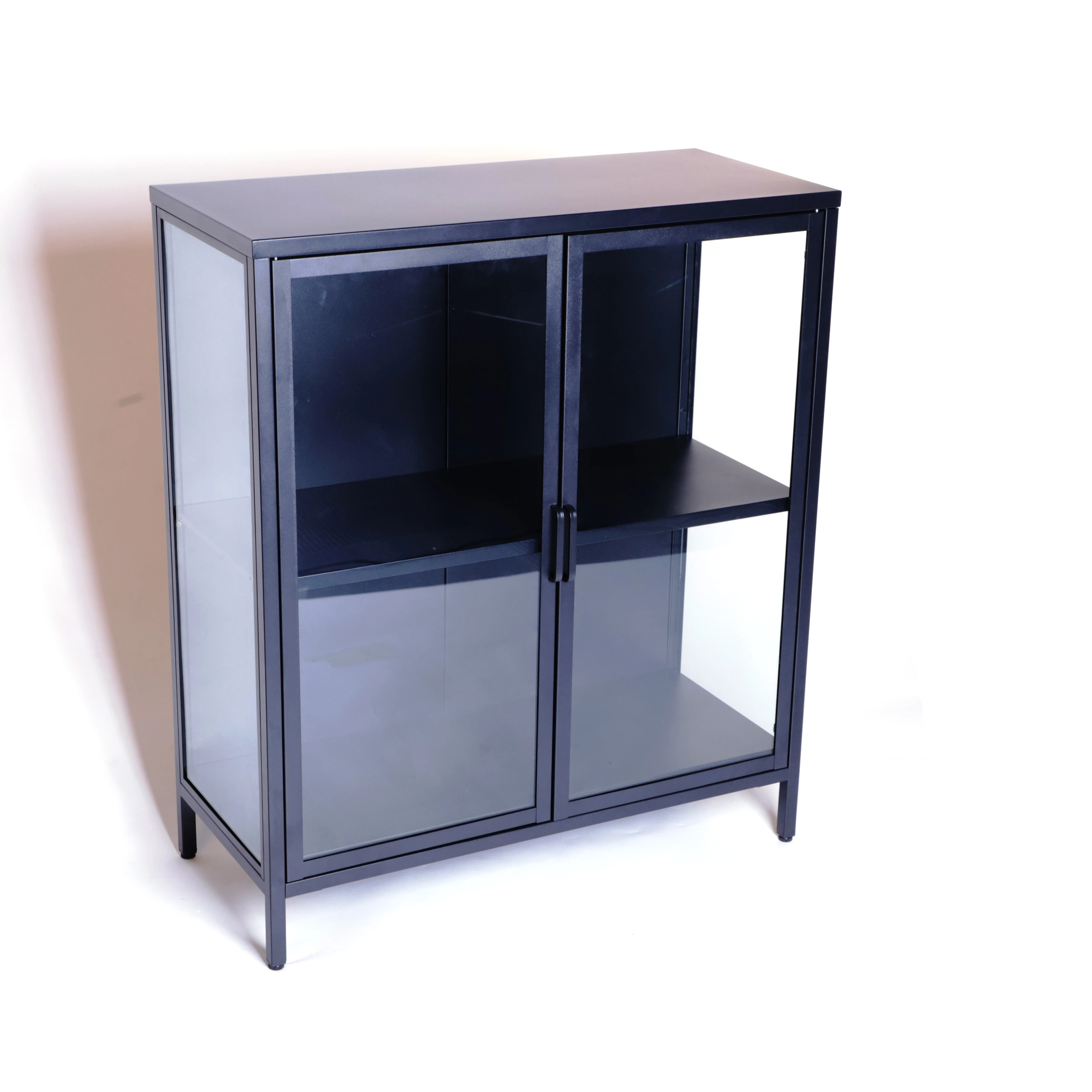 Easy assemble reliable quality black iron led glass storage cabinet