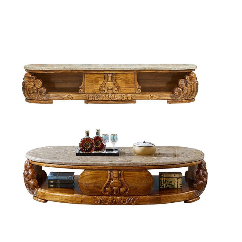 European-style wood coffee table TV cabinet natural marble solid wood carved tea table villa luxury furniture