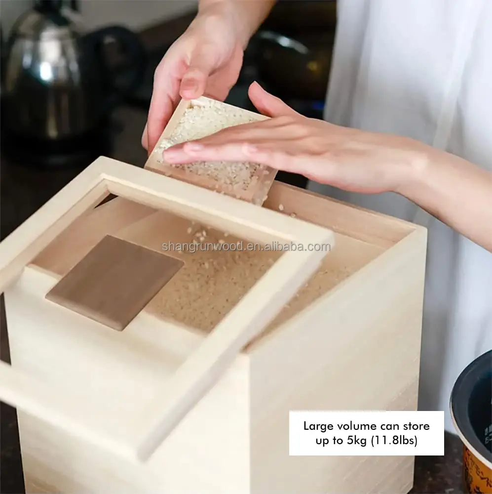 Wood Cube Box Laser Cut Large Size Wooden Rice Box Wooden Rice Storage Container With Lid And Measuring Cup