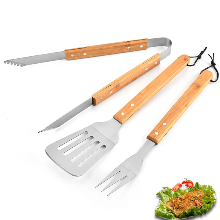 High quality  BBQ grill utensils Stainless steel 3pcs barbecue tool set bamboo handle with bamboo box