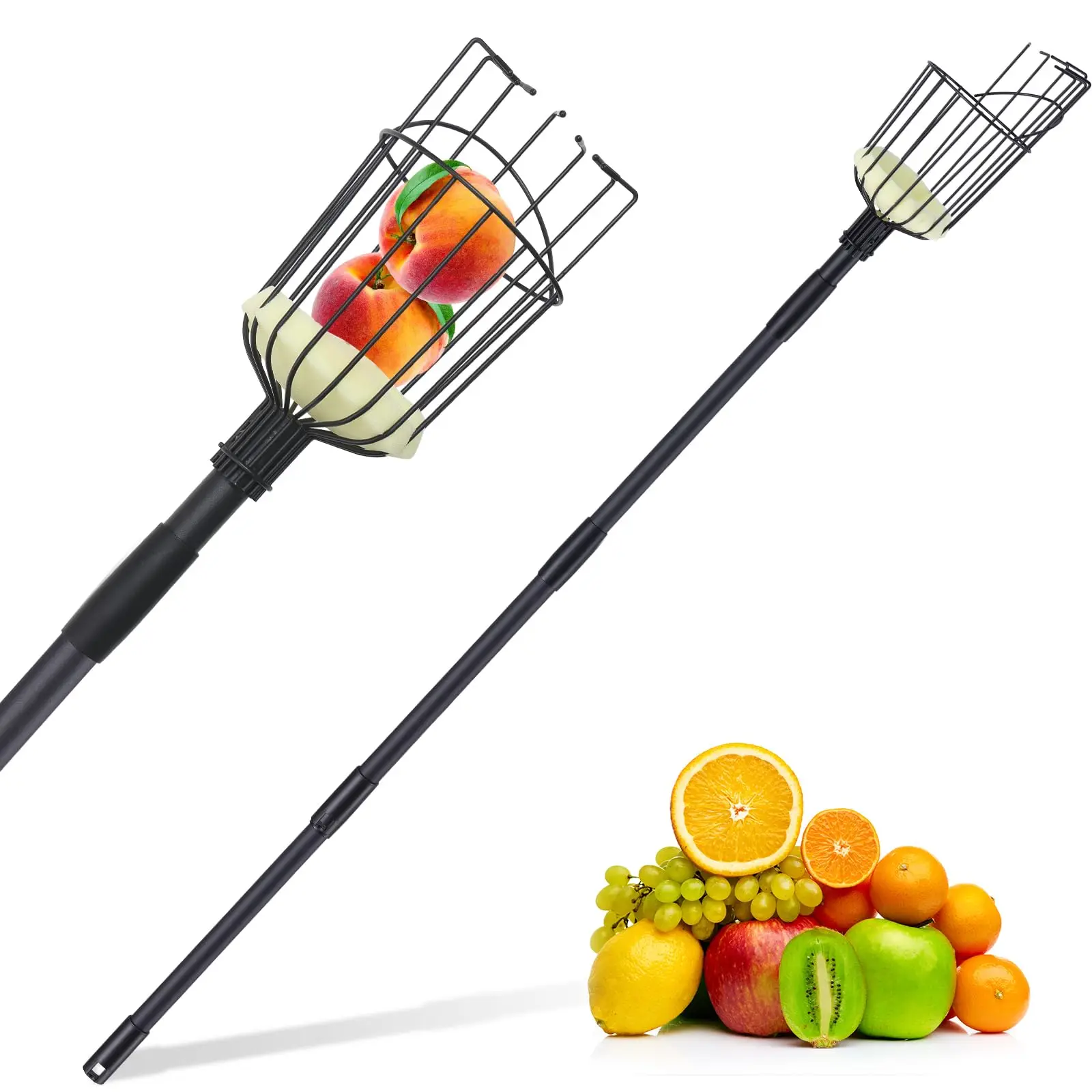 2024 New Products Adjustable Black Fruit Picker Pole Tool Grabber Reacher Tool Long Handle Fruit Catcher with Basket