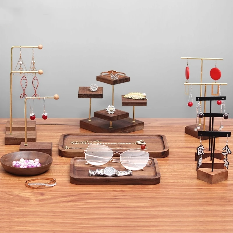 Antique Walnut Wood Metal  Holder Jewelry Set Earrings Necklace Stone Stand Organizer