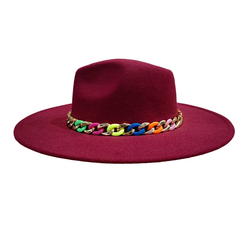 Two Tone 9.5cm Wide Brim Felt  Fedora hats Wholesale High Quality Panama Hat with Multi Color Chain Buckle Decor Jazz Cap Hats