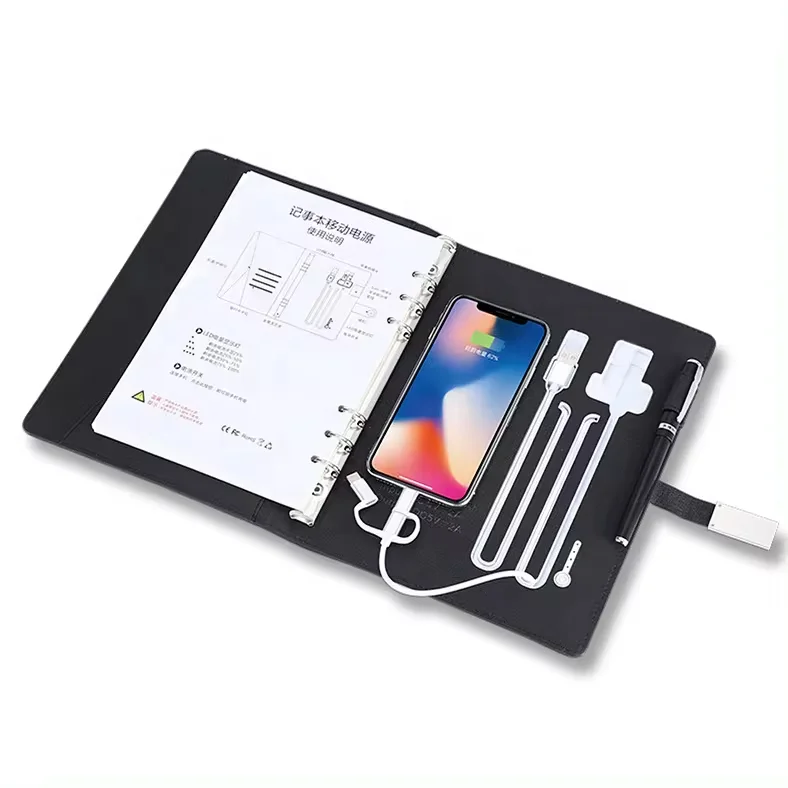 Custom Business Portable USB Phone Charger Multifunctional Power Bank with Wireless Charging U Disk & Loose Leaf Notebook Gift
