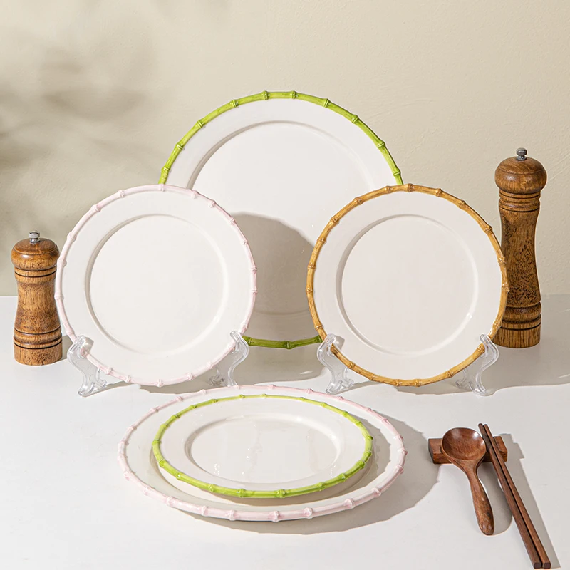 wedding event rental  dinnerware  round brown green pink ceramic porcelain dinner plate with bamboo rim