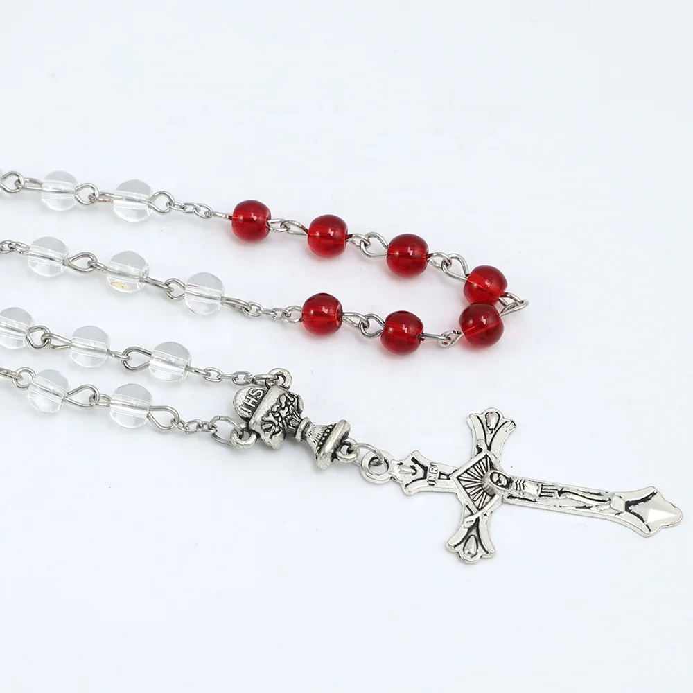 33 Red and Clear 6mm Glass Beads Car Rosary