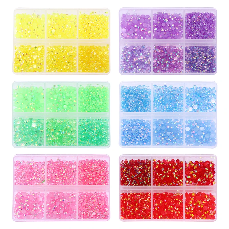 Wholesale 2700pcs/box 6 Grid boxed Nail Diamond Jewelry Flat Back Resin AB Clear Jelly Rhinestones For Cup Shoes Decoration