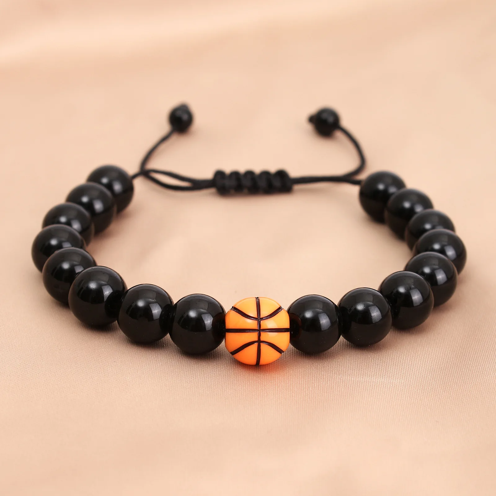 SC Popular Cool Black Bead Bracelet Fashion Adjustable Sport Obsidian Bracelet Punk Acrylic Baseball Basketball Bracelet for Men