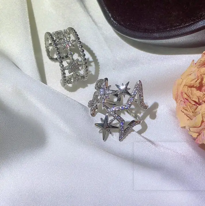 
Korean new design fashion jewelry copper inlaid zircon light luxury opening hollow five-pointed star female party star prom ring 