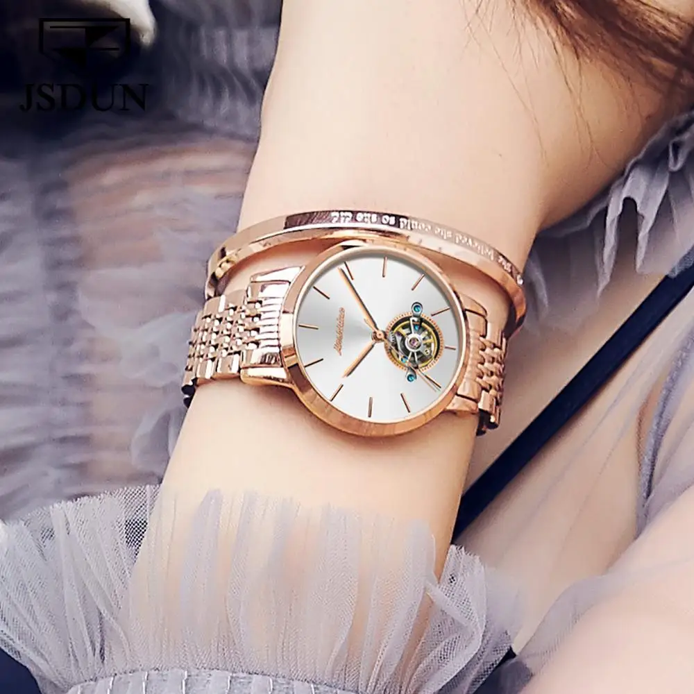 
OEM JSDUN New Women Watches Fashion Tourbillon Luxury Skeleton Chronograph Ladies Automatic Mechanical Gold Wrist Watch 
