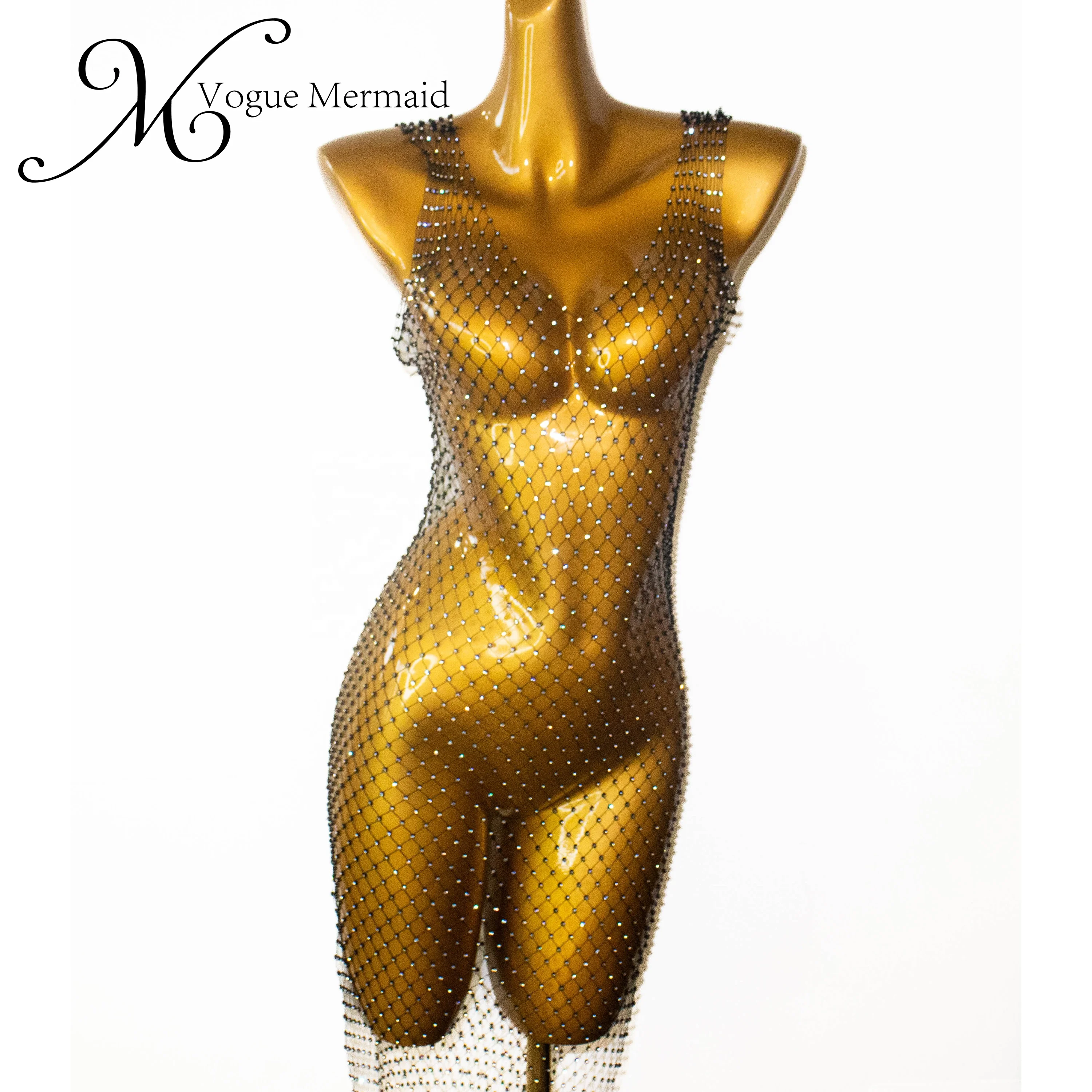 Hot-Sale V Neck Rhinestone Fishing Net Skinny Dress Women Dress Crystal Fishnet Rhinestone Split Mesh Dress