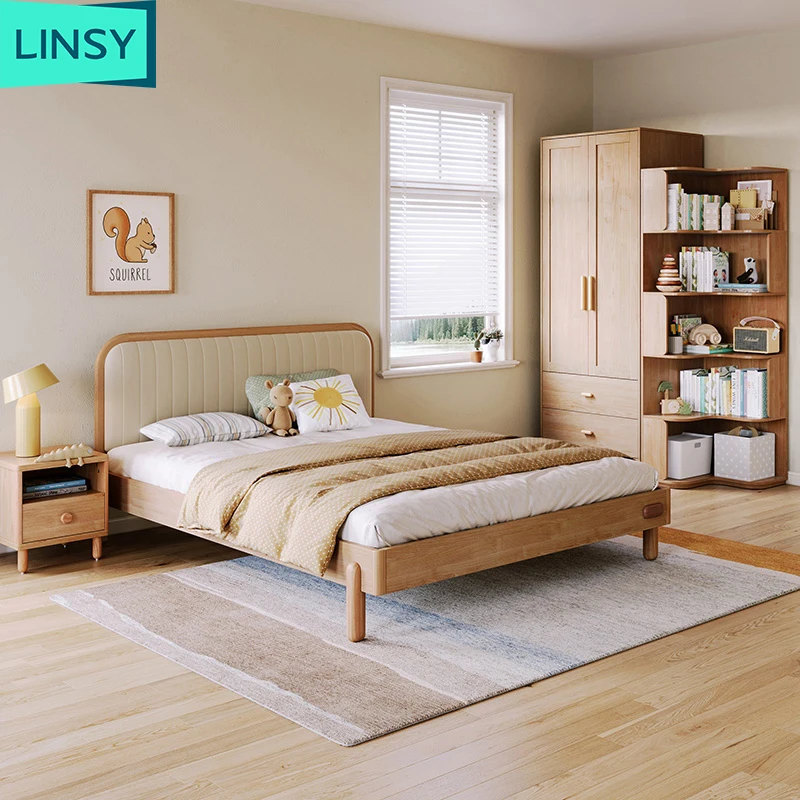 Linsy Nordic кровать из цельного дерева современная модная простая мебель для спальни детская