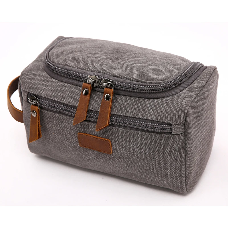 
Aosheng Custom Wholesale Black Shaving Dopp Kit Vintage Luxury Leather Canvas Pouch Men Travel Cosmetic Bag 
