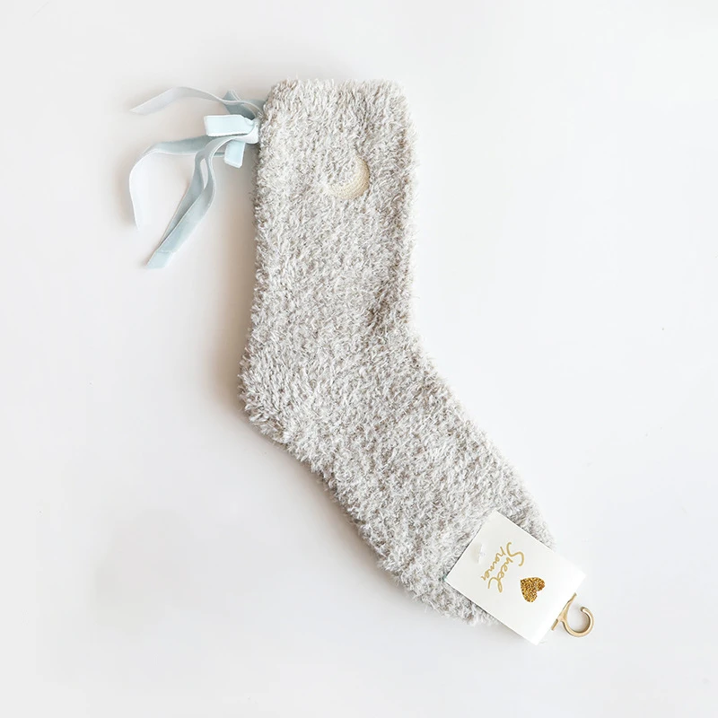 Winter Sweet Heart Embroidered Warm Thick Sleeping Soft Cozy Feather Yarn Floor Women Socks
