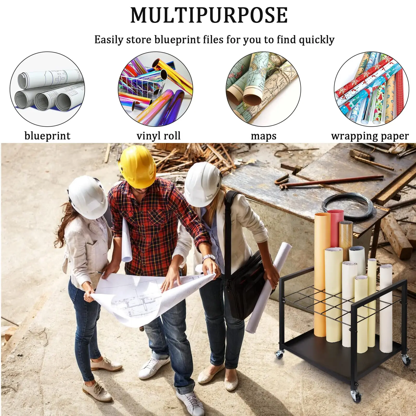 Blueprint Storage Rack Blueprint Holder Metal Blueprint Storage Cart with Wheels 20 Slots Roll File Holder