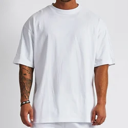 Custom Mens Big Tall Blank Drop Shoulder Sleeve Gym T-shirt Cotton Plain Fat tshirts Round Collar White Loose Cotton T-shirts