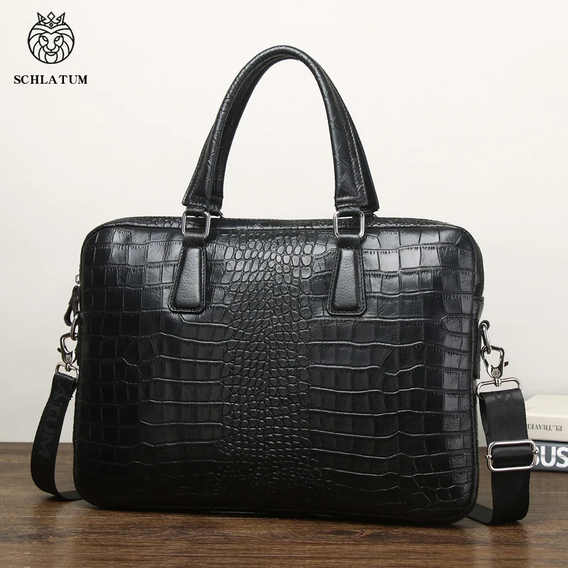 SCHLATUM Minimalism Fashion High Quality Slim 15.6 inch Genuine Leather Men Crocodile Pattern Business Office Laptop Bags